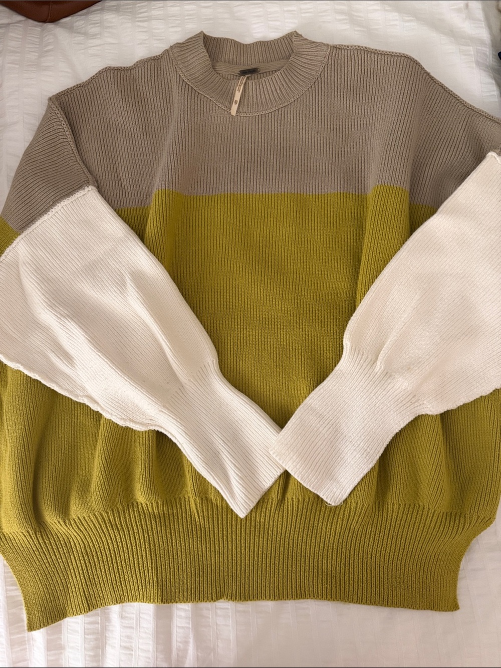 Free People Olive, Taupe & Cream Colorblock Crew Sweater